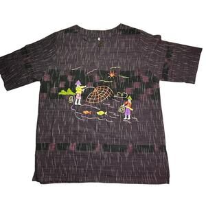 Vintage Thailand Shirt Medium Purple Folk Artisanal Fishing Hand Embroidered